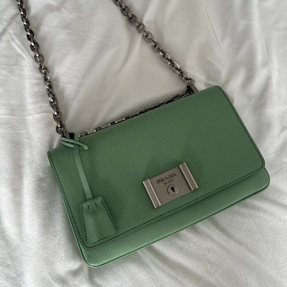 Brand New Rare Prada Saffiano Lux Leather Chain Shoulder Bag in Acquamarina - Picture 3 of 15